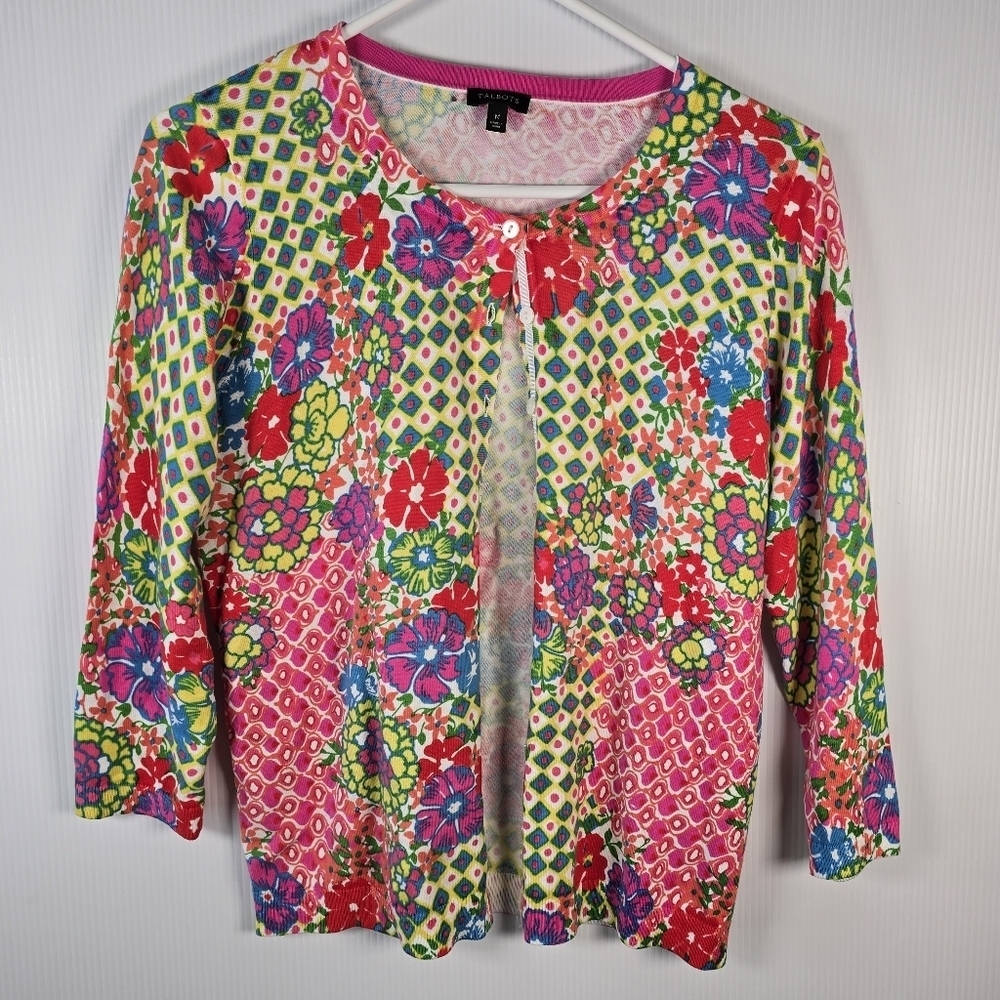 Talbots Women's Floral And Geometric Print Button Up Cardigan 3/4 Sleeve Size M